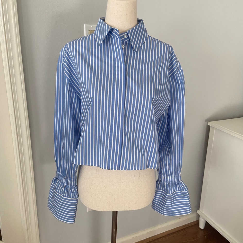 Mango Blue and White Striped Button Down Shirt (Cropped)